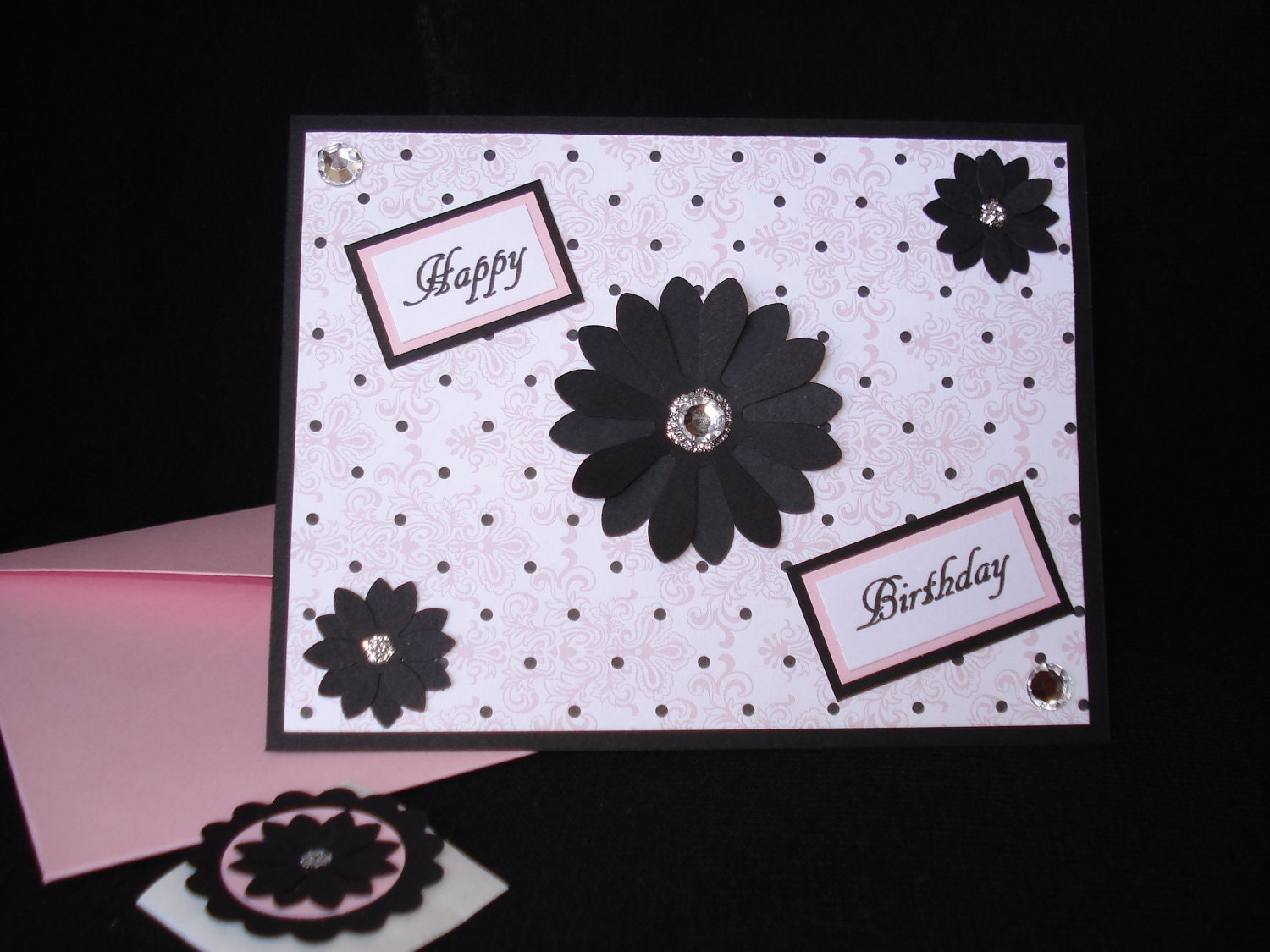 Black Daisy Damask Birthday Card, Pink and Black Damask, Girls Birthday Card, Woman's Birthday Card, Black Daisy Card, Handmade Card