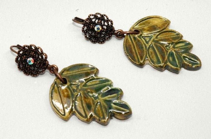 Porcelain Mossy Green Leaf Earrings