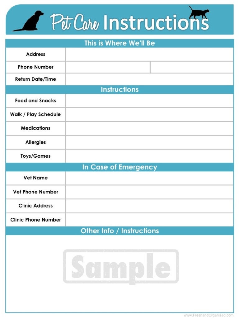 Pet Care Instructions - Organizing Printable Document  - Pink and Blue - INSTANT DOWNLOAD