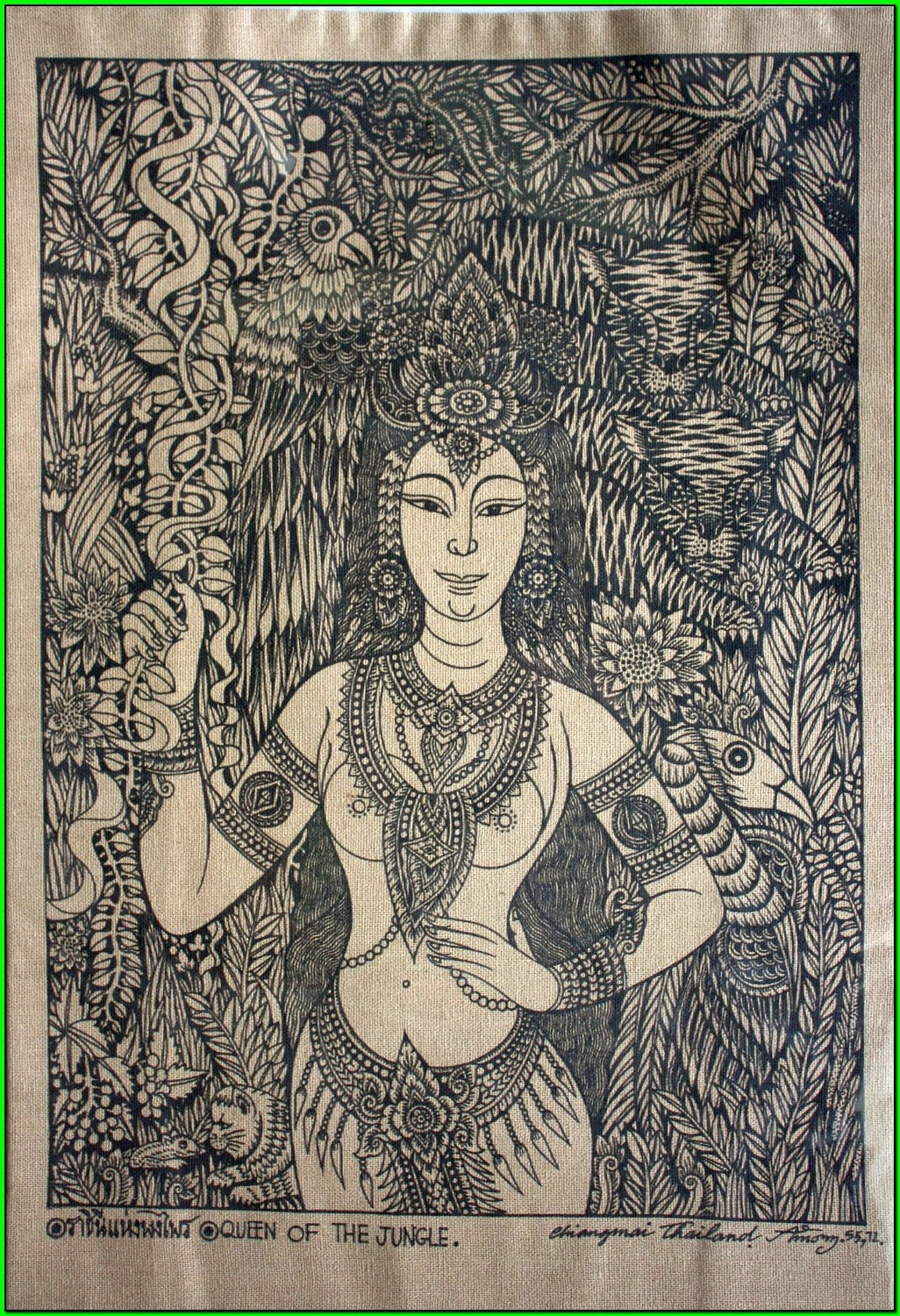 Thai traditional art of Queen Of The Jungle by silkscreen printing on cotton