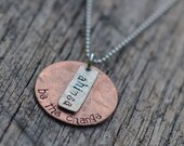 Ahimsa Be the Change Hand Stamped Copper and Recycled Sterling Silver Necklace, Textured Metal, Unisex, Yoga, Eco-Friendly, 16" Ball Chain