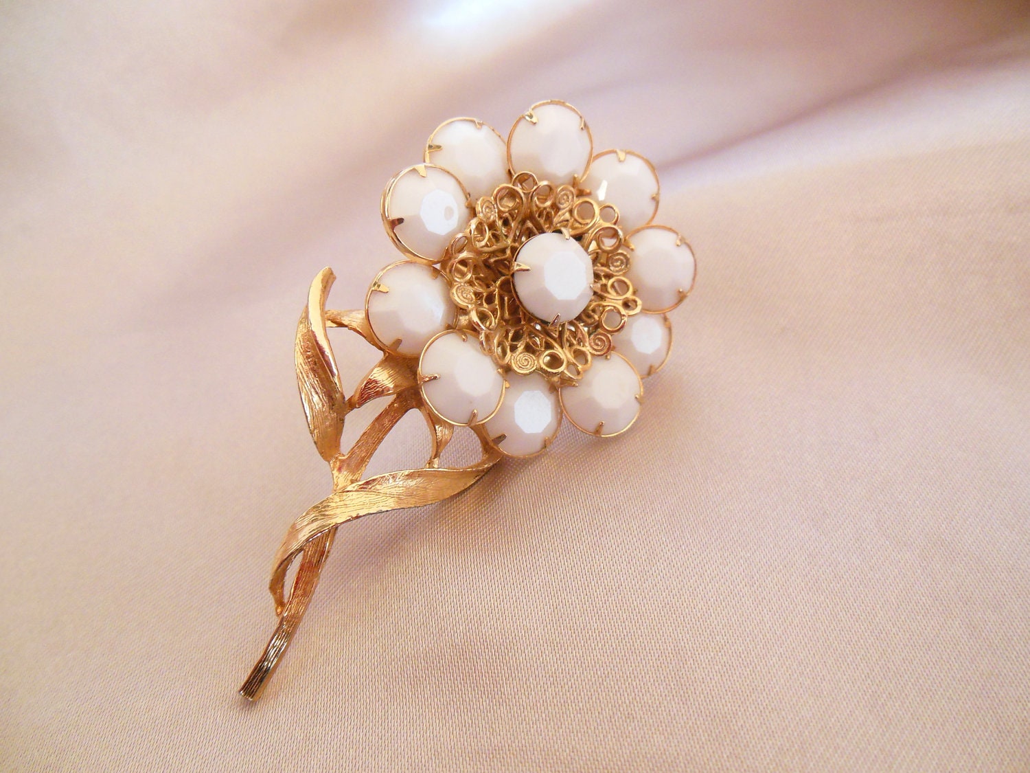 Vintage Floral Brooch Gold Milk Glass Rhinestones