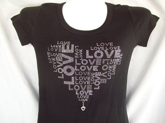 Buy best anniversary gifts - Rhinestone Love, Love, Love Heart T-Shirt in Black With A Heart Charm Attached. Great Anniversary Gift.