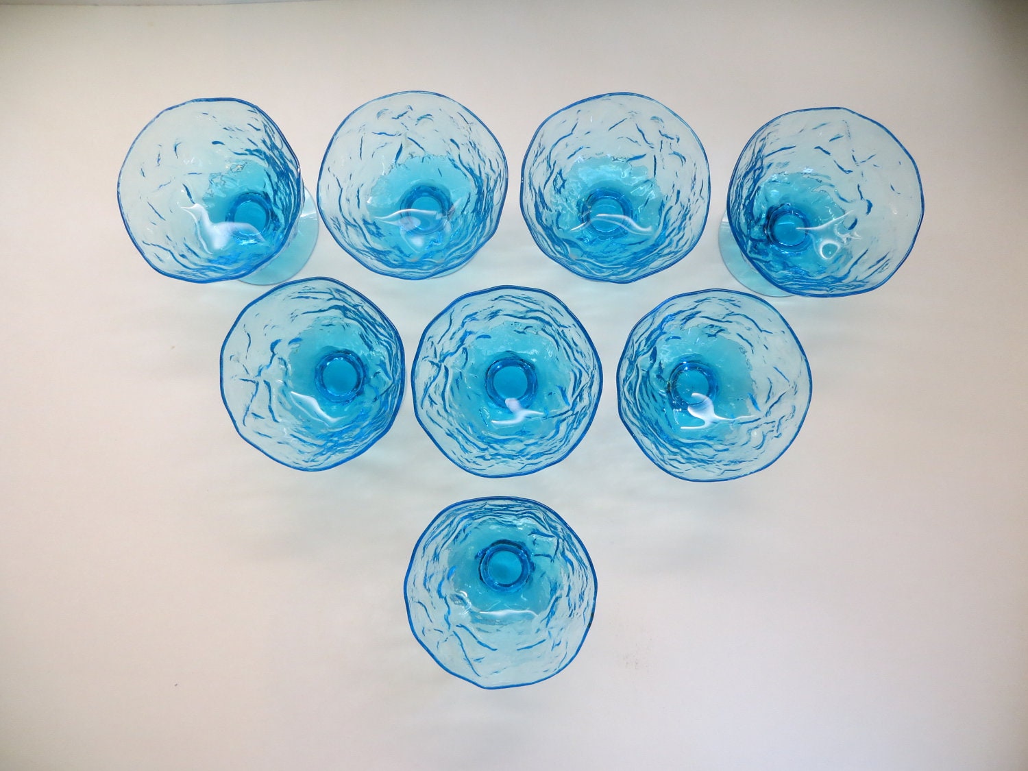 Eight Morgantown Crinkle Glass Peacock Blue Sherbert Dessert Glasses