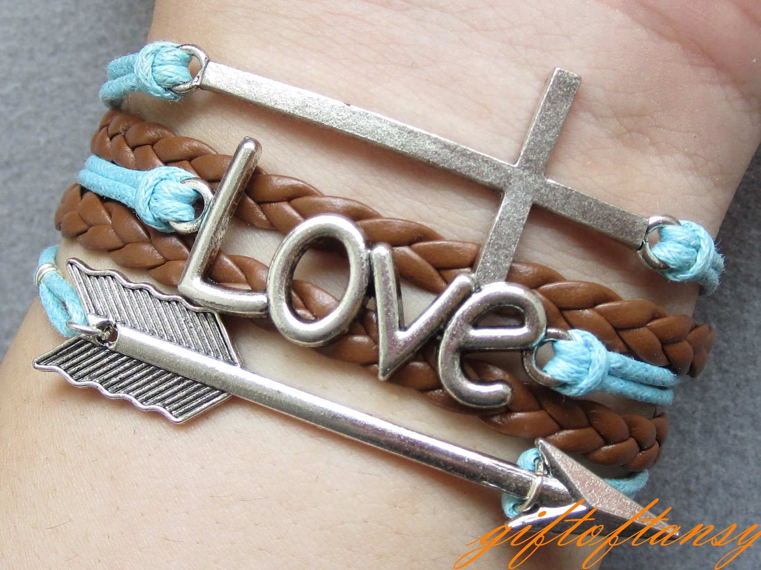 Multilayer Bracelet-Antique Silver Arrow Bracelet,  Love Bracelet, Cross Bracelet ,  Brown Braid and Wax Cords Bracelet-L200