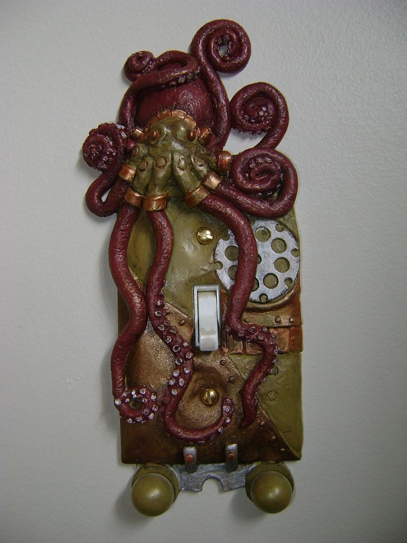 Red HandMade SteamPunk Octopus Light Switch Cover with Key Chain Holders. Animal Art Wall Sculpture Installation