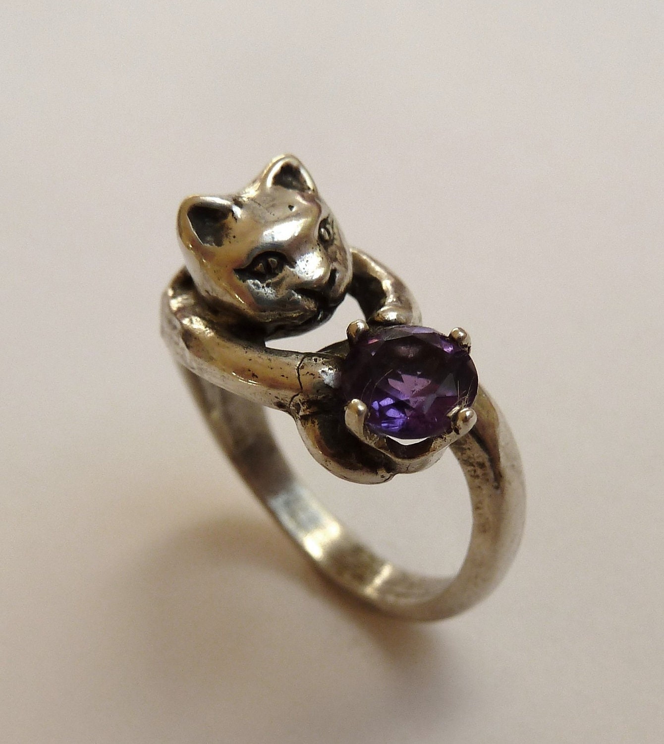 Sterling Silver Three-dimensional Cat Ring with 6mm Round Faceted ...