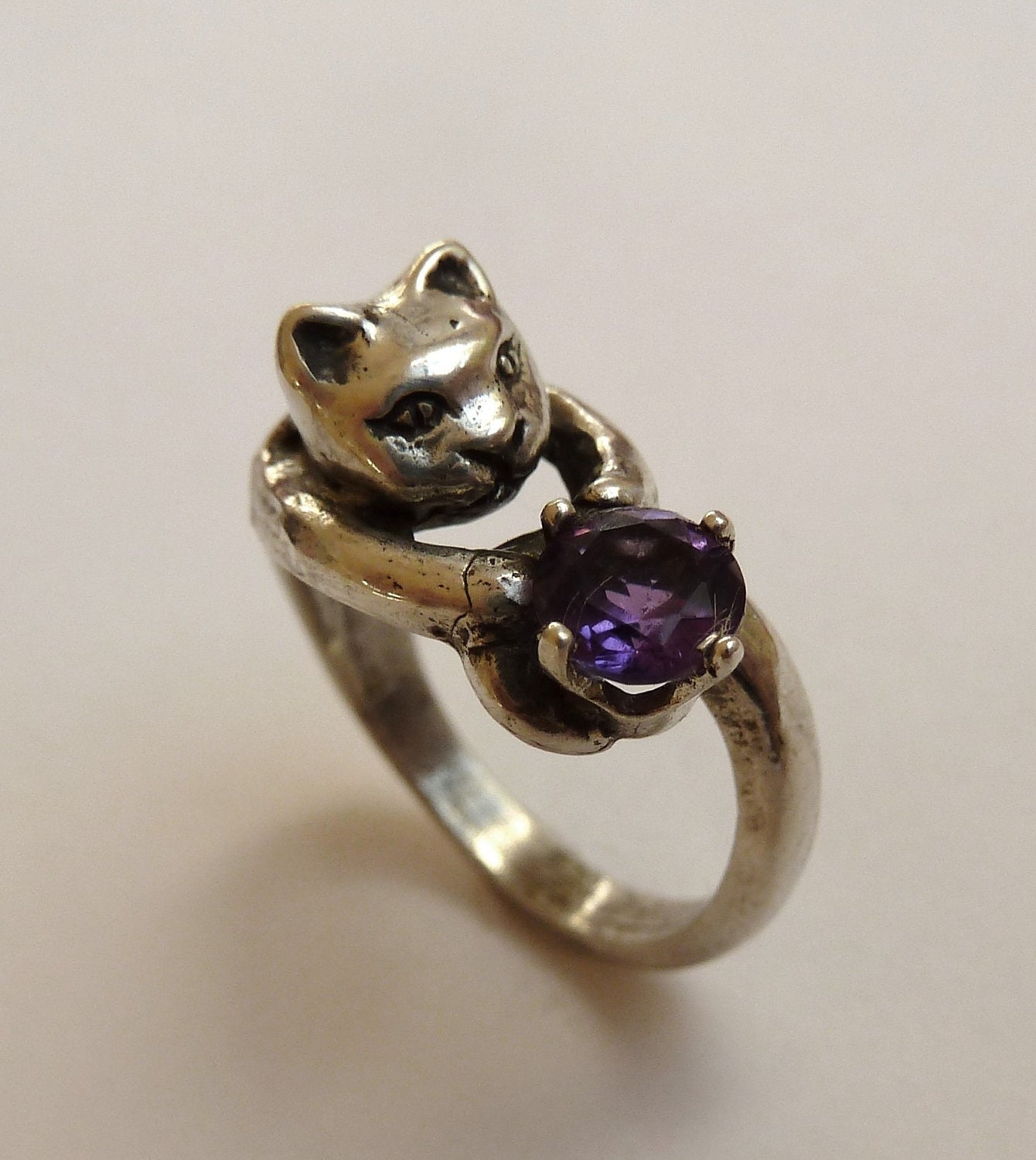 Sterling Silver Three-dimensional Cat Ring with 6mm Round Faceted ... Sterling Silver Three-dimensional Cat Ring with 6mm Round Faceted ...