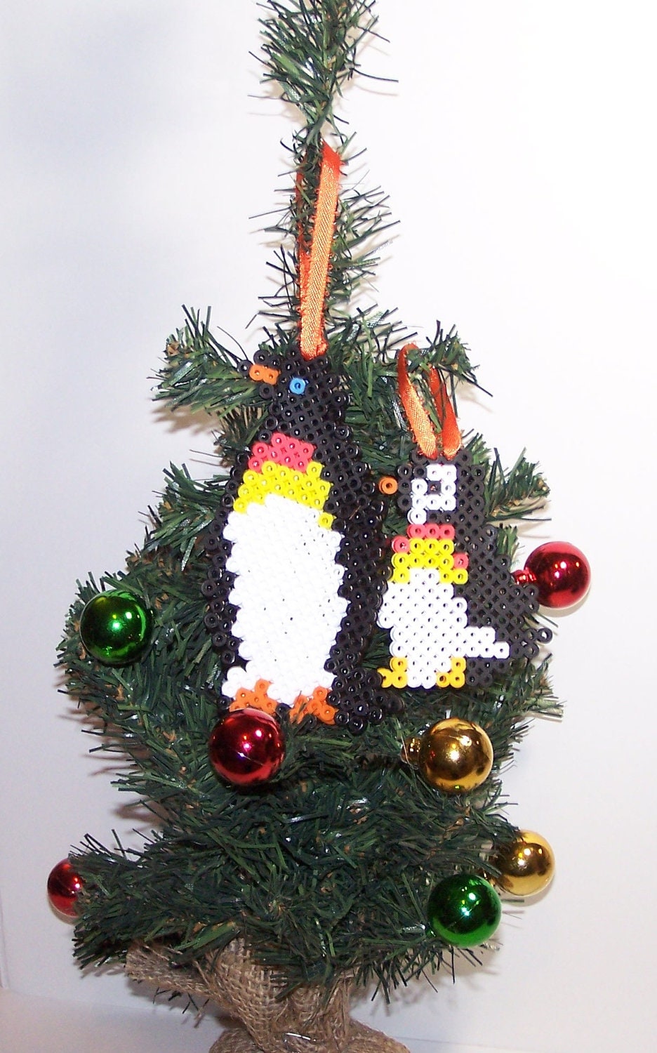 HOLIDAY ORNAMENTS - Set of 2 Handmade Christmas Penguin Bead Ornaments - Perler Beads - Black - White - Orange - Yellow
