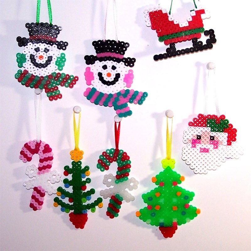 CHRISTMAS ORNAMENTS - Set Of 8 Traditonal Christmas Bead Ornaments -  Perler Beads - Blue - Green - Purple - Red - Yellow - White