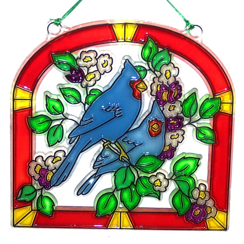 ORNAMENT - Blue Birds & Flowers  - Acrylic - Yellow - Red - Blue - Green - Hand Stained Home Decor