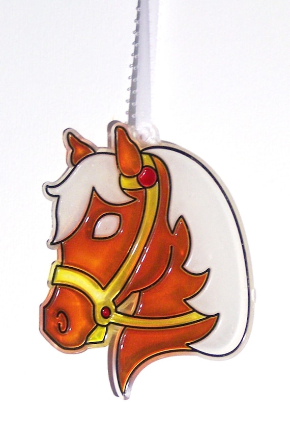 ORNAMENT- HORSE HEAD1 - Acrylic - Brown - White -Yellow - Handpainted Home Decor