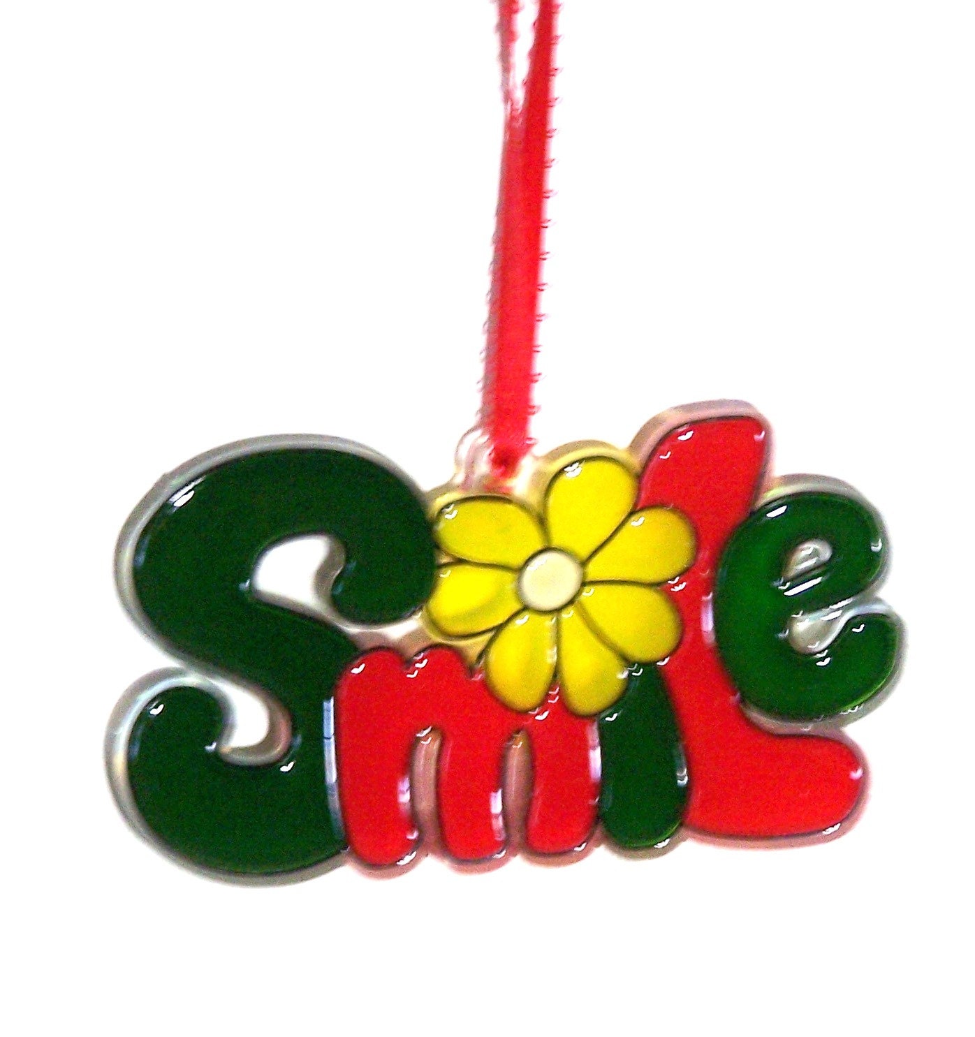 ORNAMENT - SMILE- Acrylic - Dark Green - Red - Yellow - Handpainted Home Decor