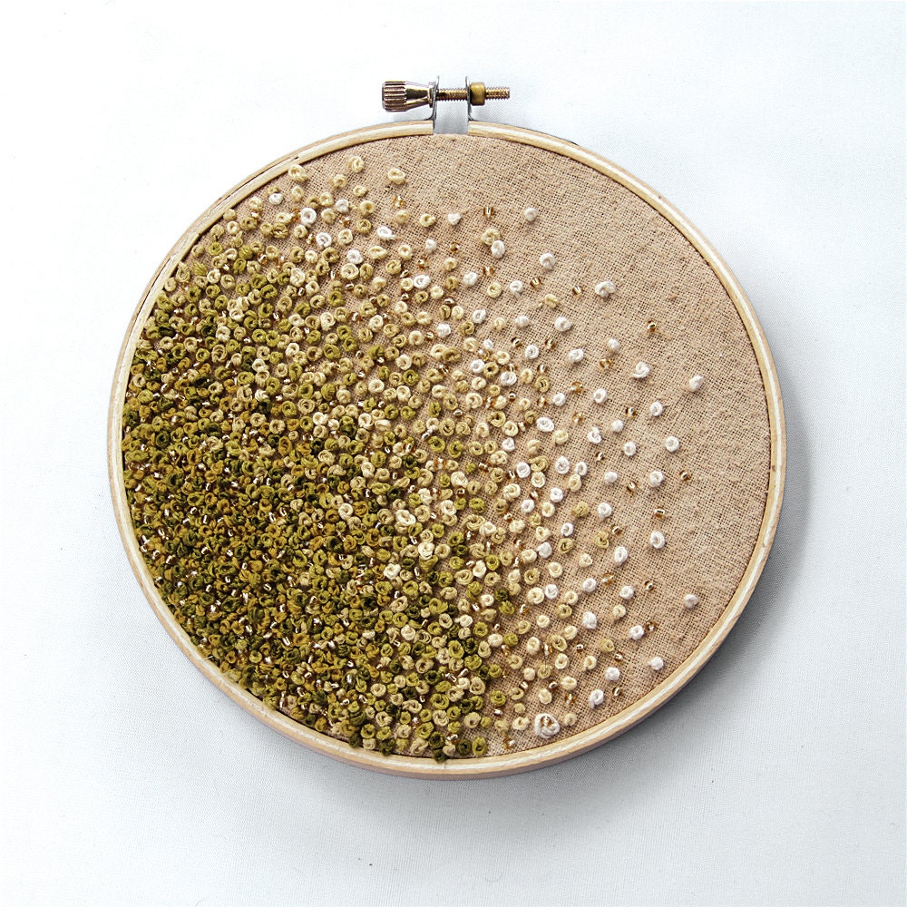 Mossy Green Gradient Embroidery Hoop Art - Autumn - French Knots and Beads