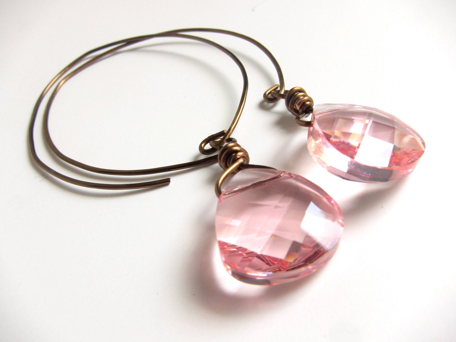 Pink  Swarovski Crystal  Vintage Bronze Wire-wrapped Hoops    New For Fall
