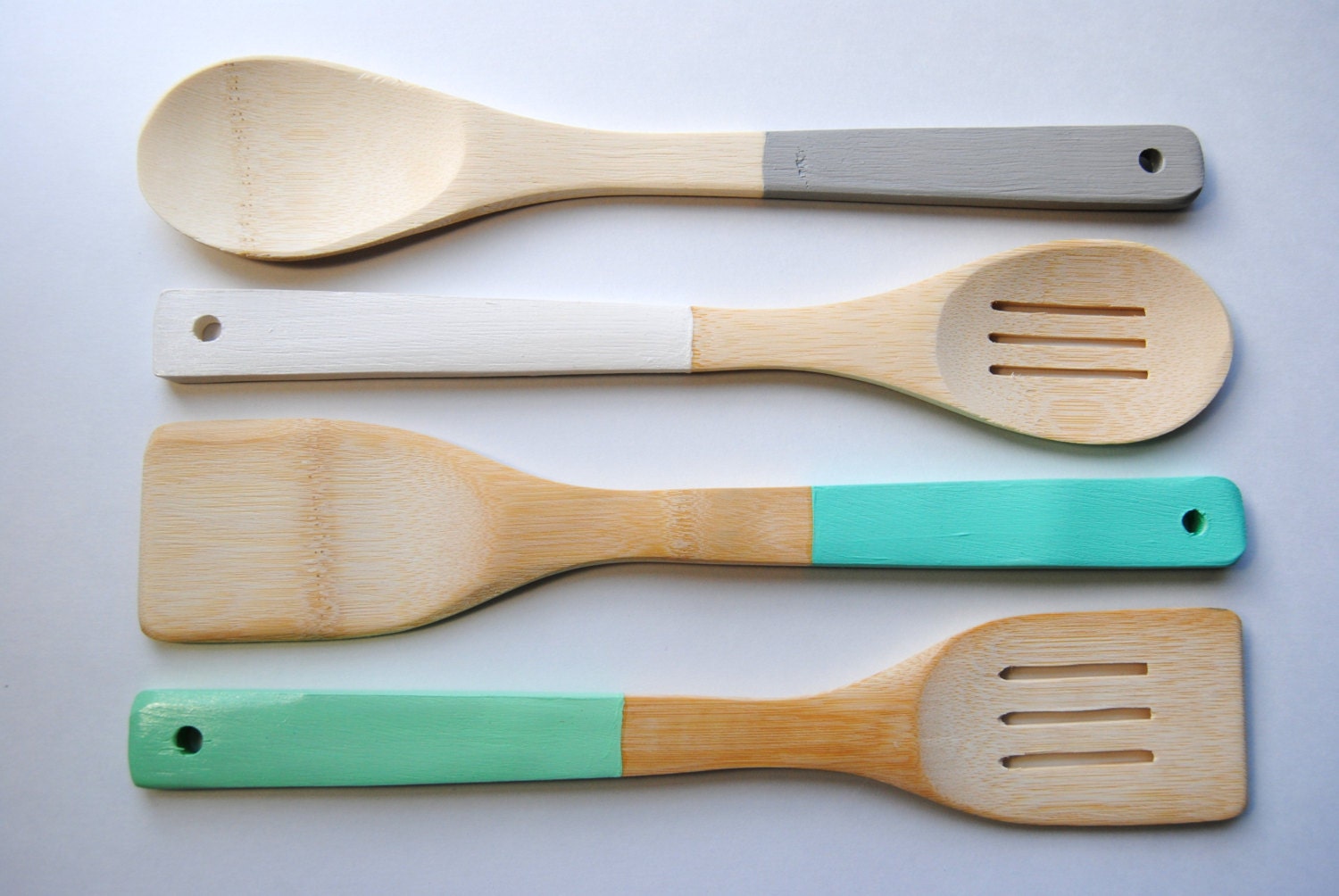 Set of 4 Dipped 12" Light Bamboo Slotted Solid Kitchen Servers Cooking Spoons & Spatulas - Sea Urchin - Grey, Blue, Green, Mint