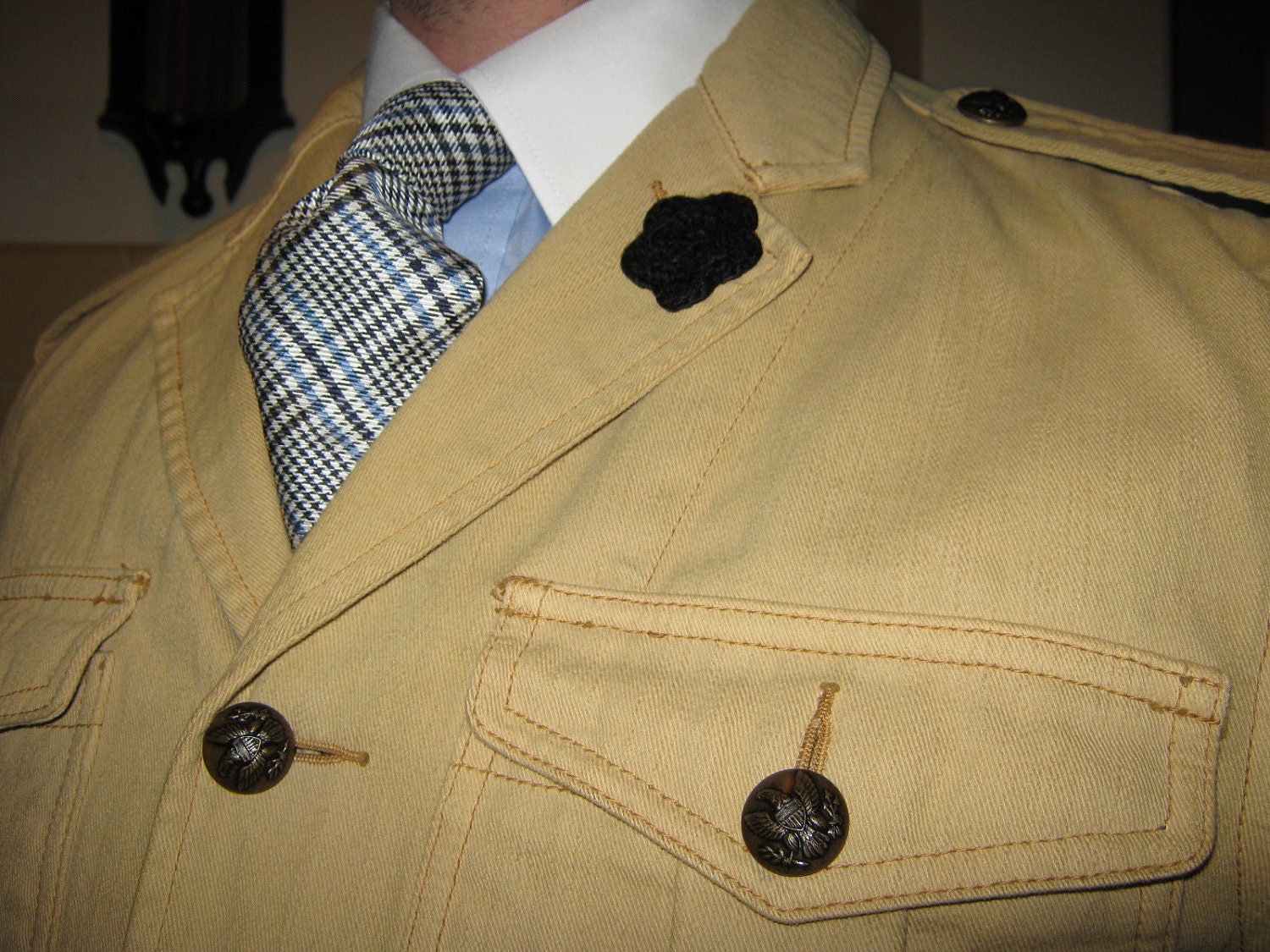 BLACK men's boutonniere/ lapel flower, hand crochet from repurposed yarns- perfect for weddings, formal events, and everyday wear.