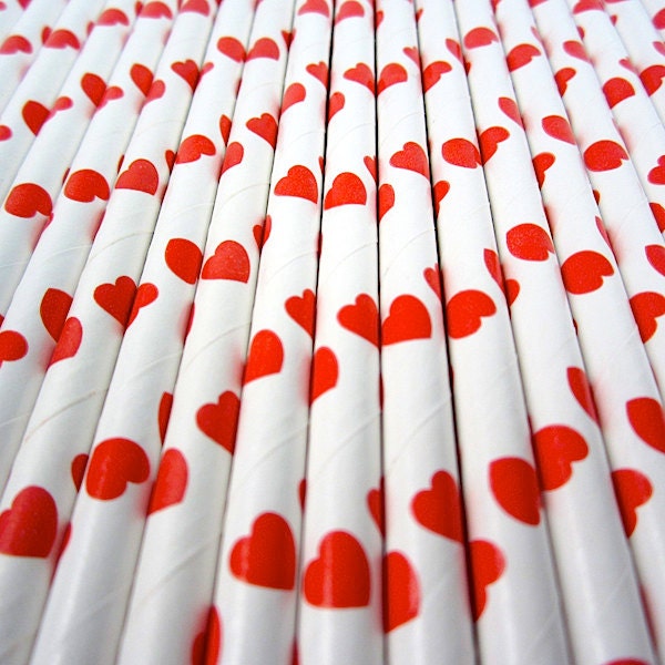 25 RED HEART Paper Straws with Party Flags - Cake Accessory Lollipop Sticks - Baking Craft Party Supplies Il_570xn