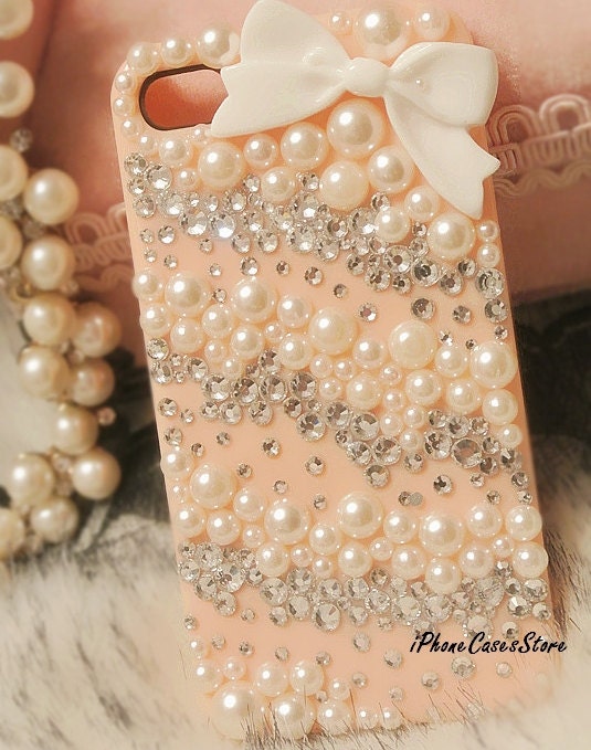 Bow iPhone case Pearl iPhone 4s case Crystal iPhone 4 4s case Bling iPone cases Pink White iPhone cover Custom Handmade Twill iPhone4 4s