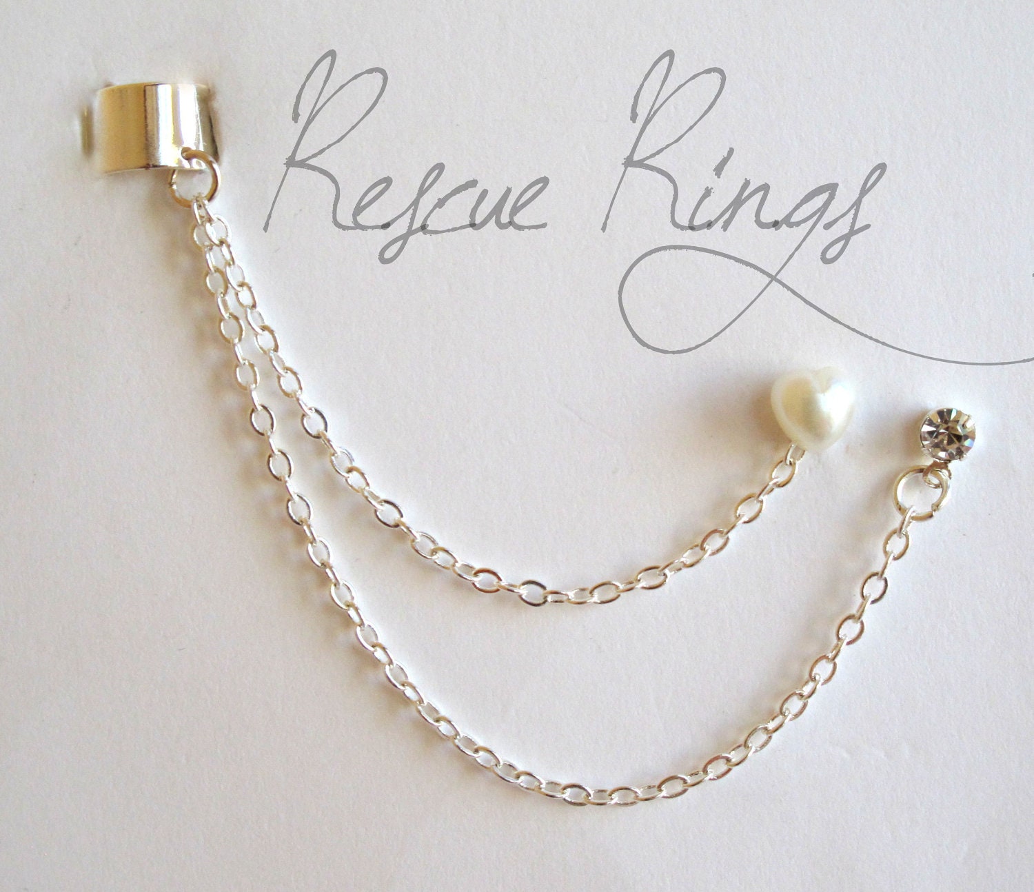 Ear+Cuff+Earrings+With+Chain Heart Pearl and Rhinestone Ear Cuff Chain Earring by RescueRings