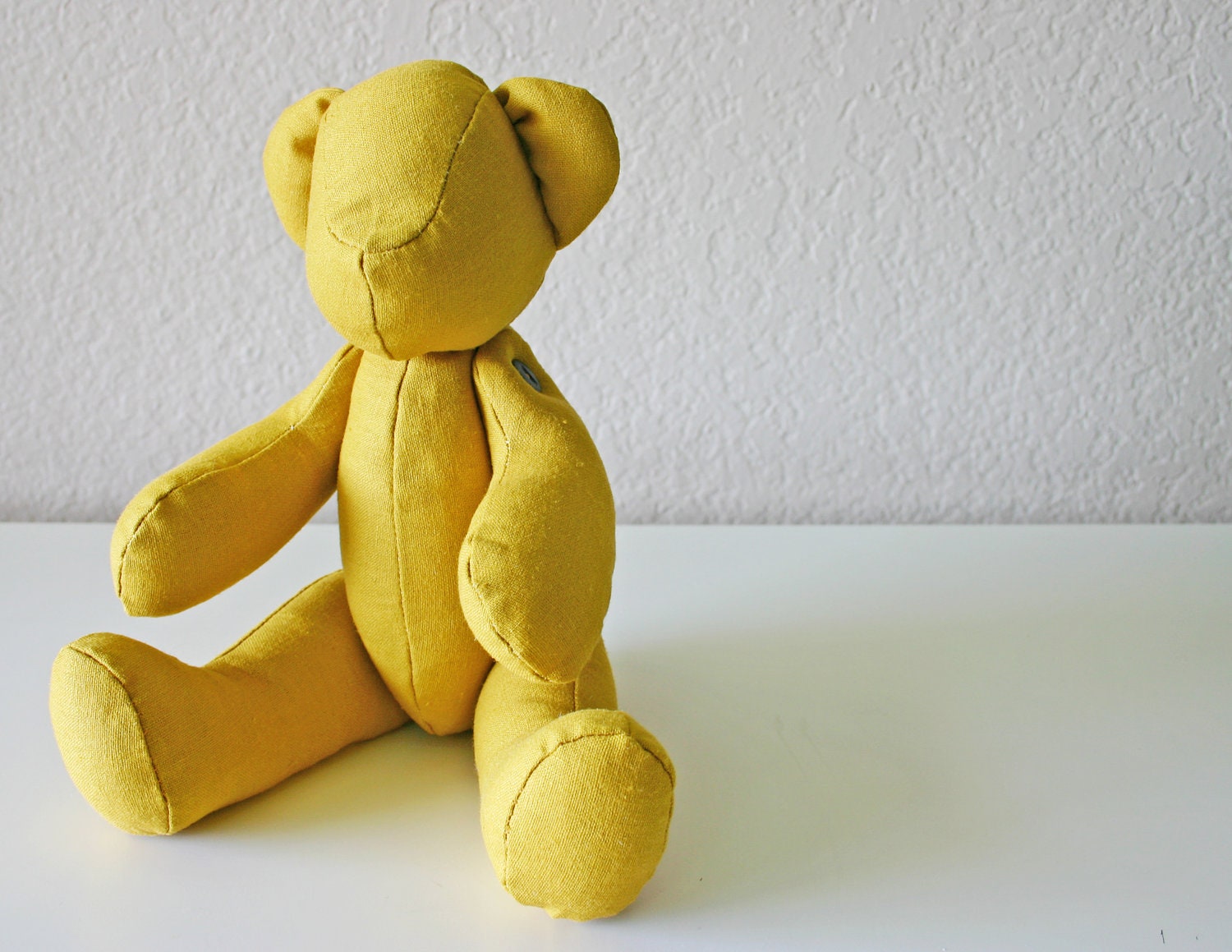Handmade Teddy Bear in Natural Linen: Mustard Yellow - FabricStudioByIrene