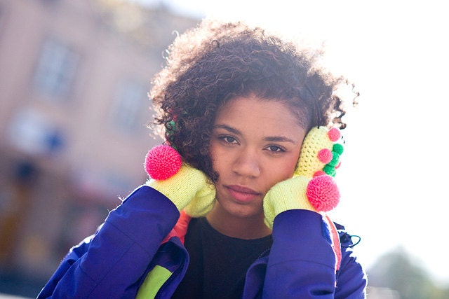 handmade earmuffs earwarmers fluorescent yellow with pompons snow flakes neon, pom pom, pompon by bimabejbe
