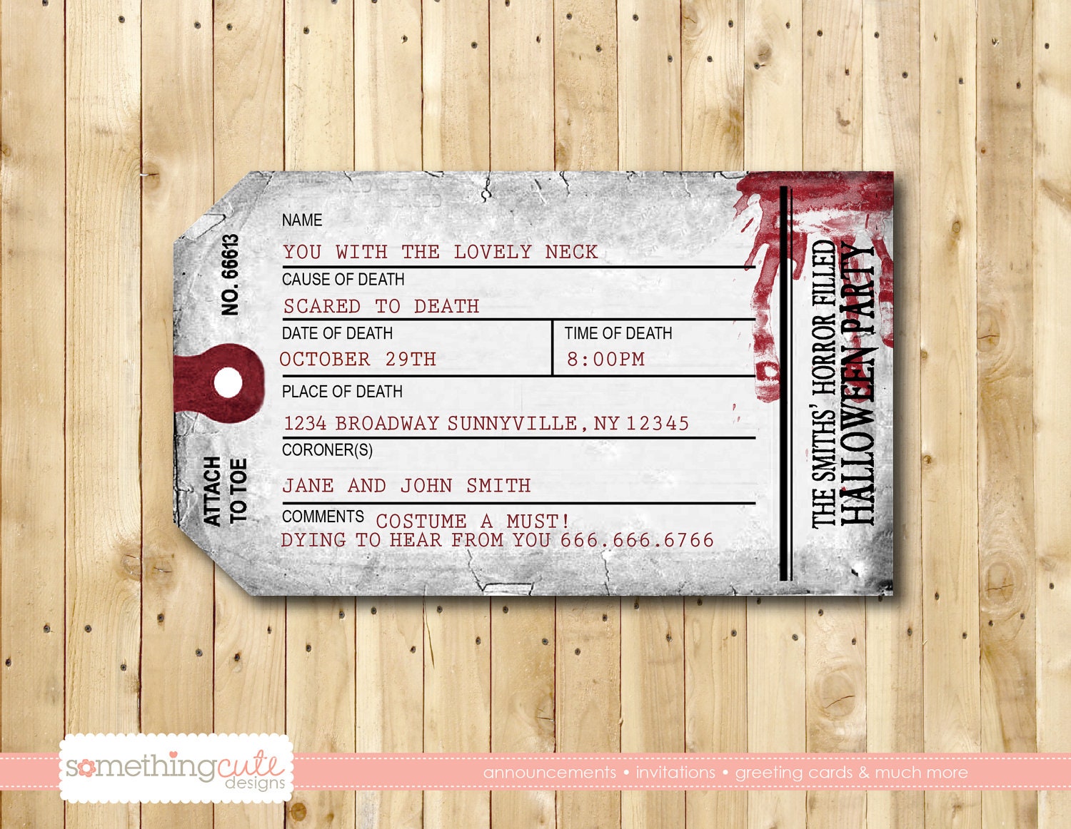 toe tag - halloween or birthday party invitation