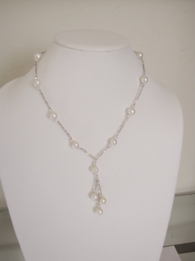BRIDAL JEWELRY SALE  Vintage Pearl, Crystal and Sterling Silver Lariat Necklace -  Bridal Jewelry or any special occasion jewelry.