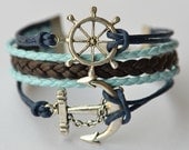Silver Anchor & Rudder Charm Bracelet, Brown And Blue Braid Leather, Navy nWax Cord,  Vintage bracelet