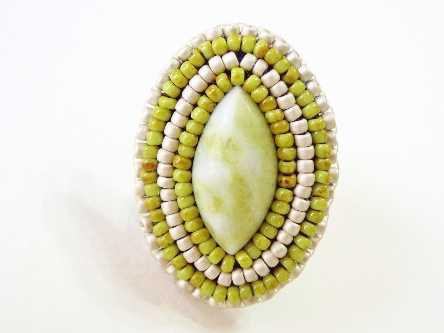 40% OFF SALE - Green Apple: Bead embroidered cocktail ring with gemstone cabochon and seed beads