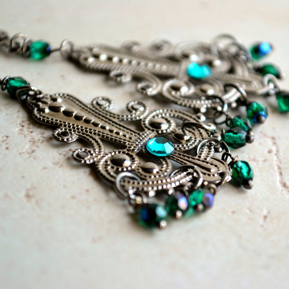 Teal Gunmetal Czech Glass Swarovski Crystal Gothic Dangle Earrings/ Pheasant