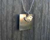 Personalized Silver Hand-Stamped Chain Link Necklace with Name on Large Square Charm with Bird Charm