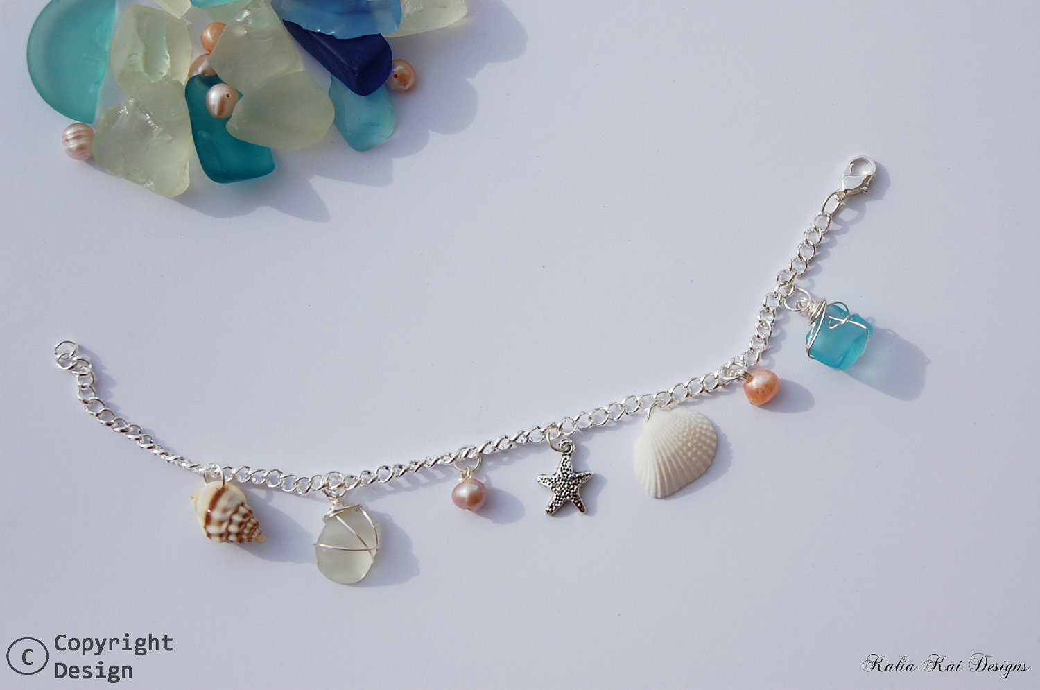 Ocean Charm Bracelet, Silver plated chain, wire wrapped sea glass, sea charm, fresh water pearls, shells, adjustable