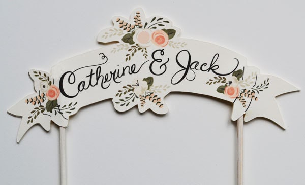 Custom Cake Topper Bride and Groom Handpainted Names-Cream