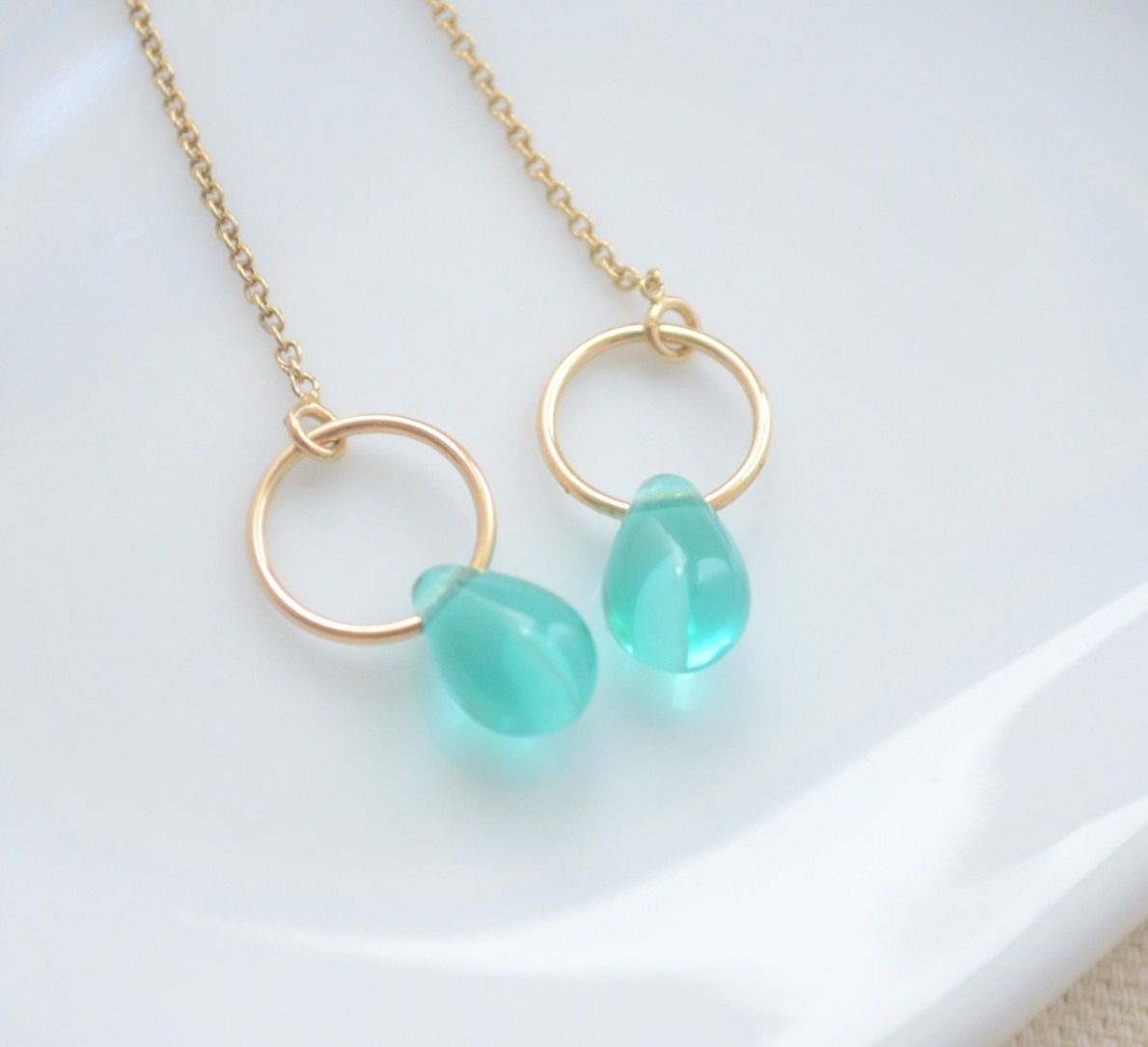 Unique Two-Tone Aqua Teardrops and Golden Halos on 14kt Threader Earrings