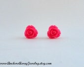Large Hot Pink Rose Stud Earrings - Flower Earrings - Great Gift