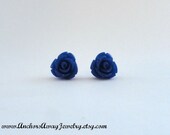 Large Dark Blue Rose Stud Earrings - Flower Earrings - Great Gift