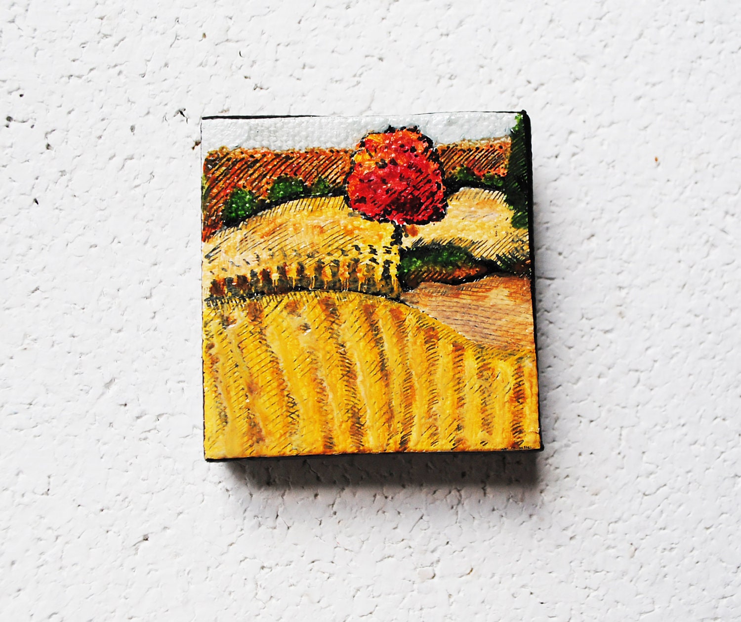 Wheat Harvest. Original Oil Painting. Tiny. 2x2. Small. Golden. Fall Tree. Autumn Decor. Black Friday Sale 10% Cyber Monday
