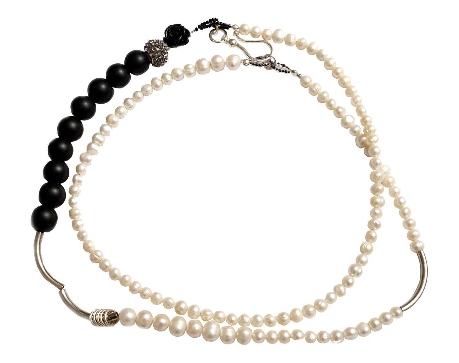 Silver Plated Necklace with Freshwater Pearls and Black Beads: Alice in Wonderland Collection. Limited Edition