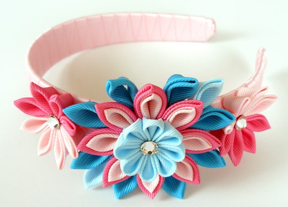 Serre-tête Kanzashi fleur de tissu.  Rose et turquoise.