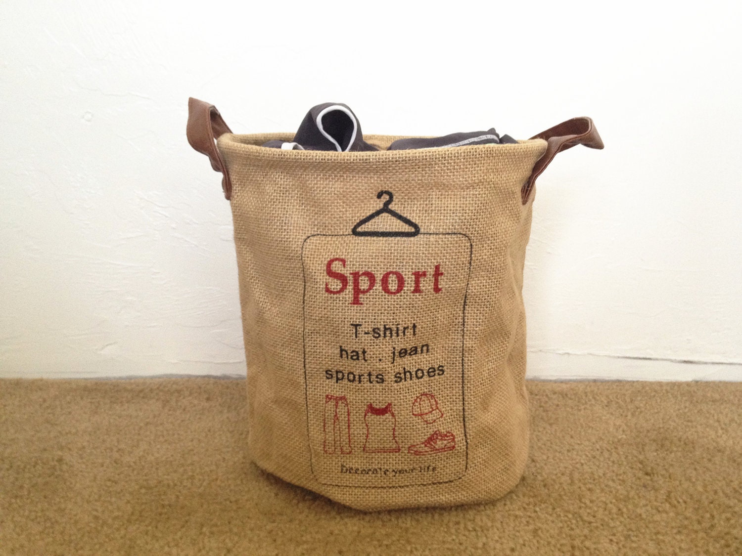Sorted Basket - Sports Clothes -Linen Basket , Burlap Basket, Linen Fabric Basket, linen bin, desk organizer, leather handler, nature, w