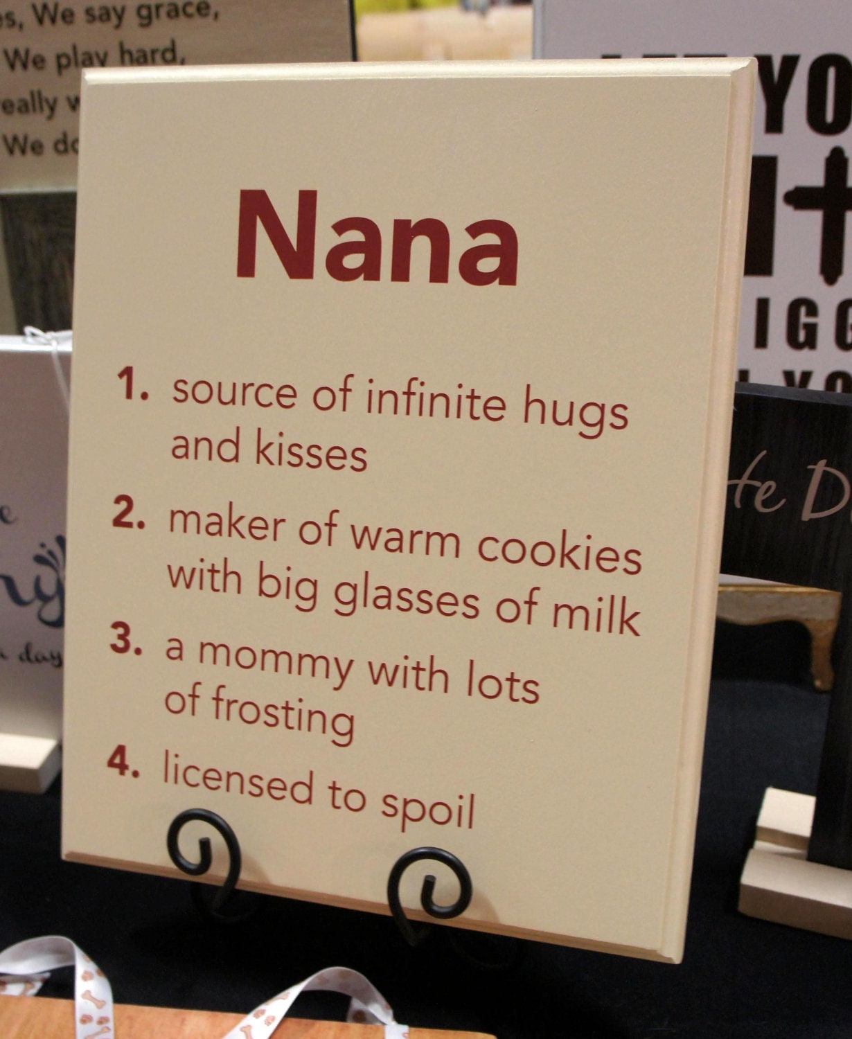NANA  hug and kiss, cookies and  license to spoil -saying - Solid  Wood sign plaque 11x14 routed edges.
