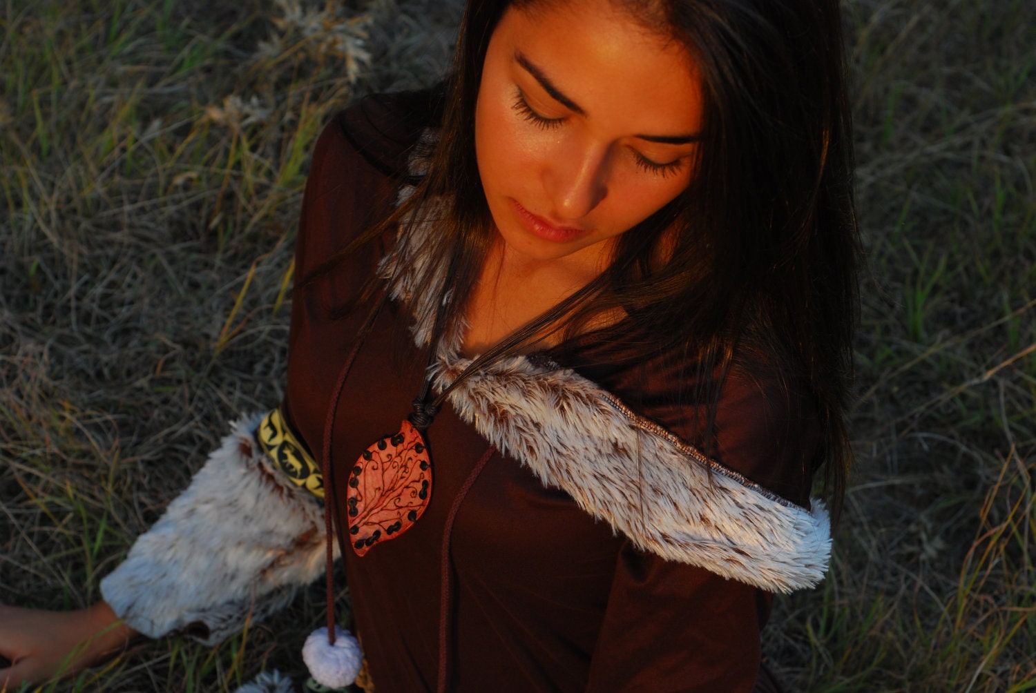 Pocahontas Necklace Autumn Leaf . Tribal handmade jewelry, gypsy, aztec, indian style. Eco-friendly, natural colors, geometry accessory