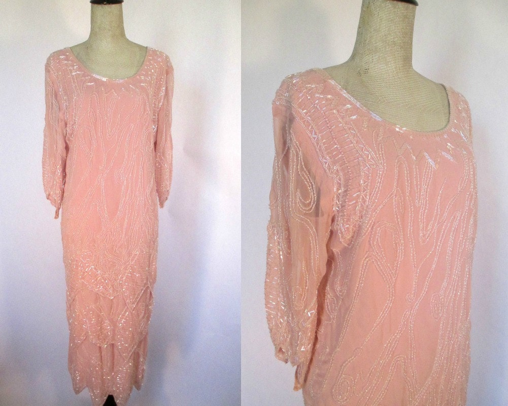 Vintage Flapper Dress/ 80s does 1920s Retro Dress/ Gatsby Rose Flapper Dress