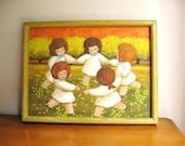 Vintage Little Girls Playing Ring around the Rosie Painting, Colorful Floral Girl Picture