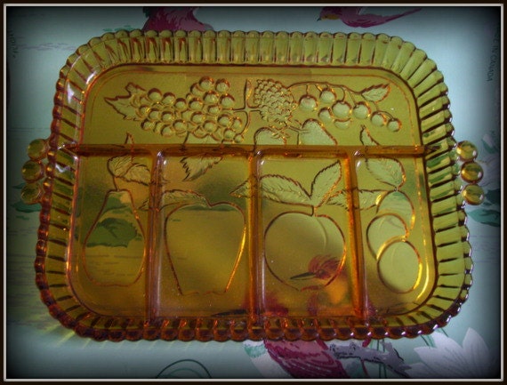 Vintage 70's Indiana Glass Amber 5 Section Relish Tray Fruit Motif