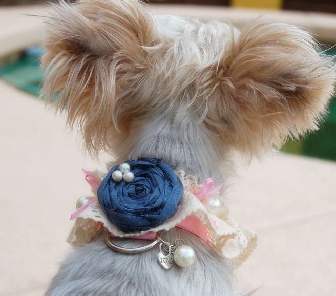Original design beautiful gray navy silk flower collar for dog or cat,  handmade navy with pink wedding  dog collar,pet fashion