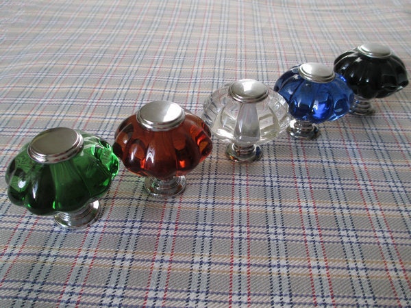 Shabby Cottage Chic Glass Crystal Drawer Knobs Pull Flower Clear Amber Green Black Blue / Vintage Decorative Dresser Cabinet Knob Handles