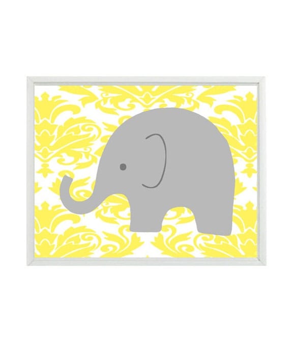 Elephant Nursery Art Wall Print - Gray Yellow Damask - Baby Girl Children Kids Modern Room Home Decor  8x10