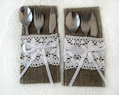 Set of 6-Burlap Silverware Holders , Rustic table decor